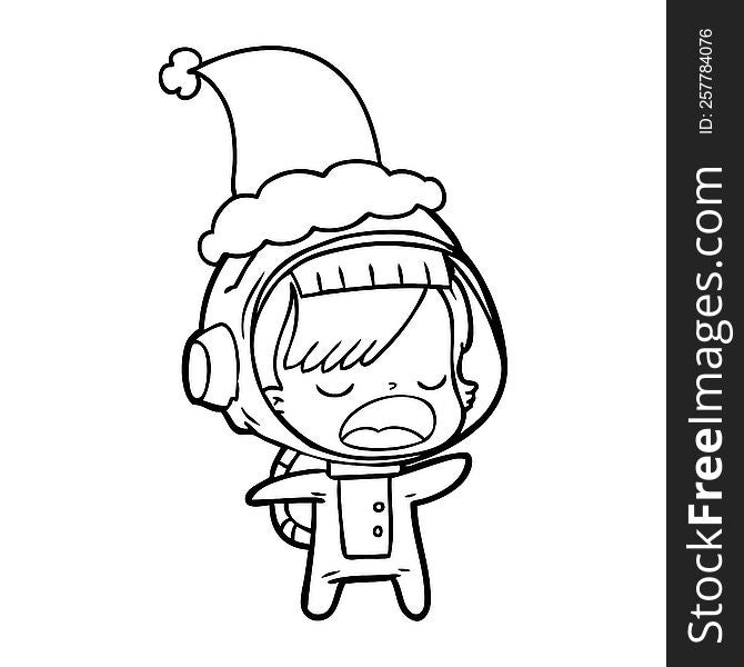hand drawn line drawing of a talking astronaut woman wearing santa hat