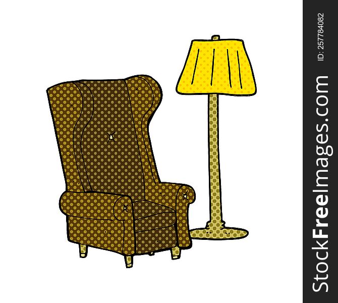 Comic Book Style Cartoon Lamp And Old Chair