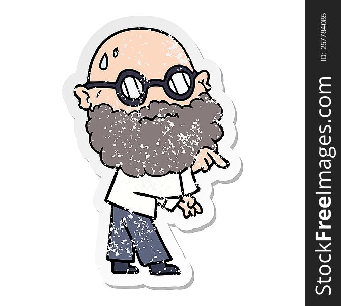 distressed sticker of a cartoon worried man with beard and spectacles pointing finger