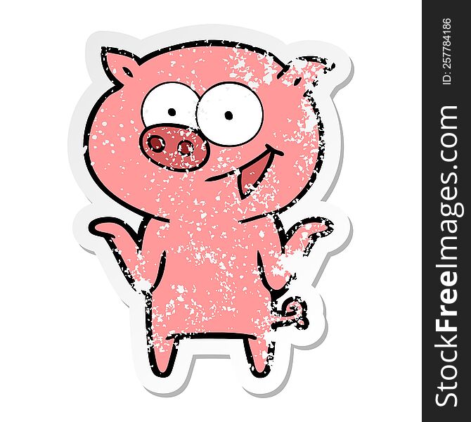 distressed sticker of a cartoon pig with no worries