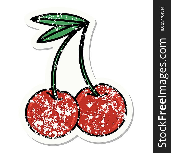 distressed sticker tattoo in traditional style of cherries. distressed sticker tattoo in traditional style of cherries