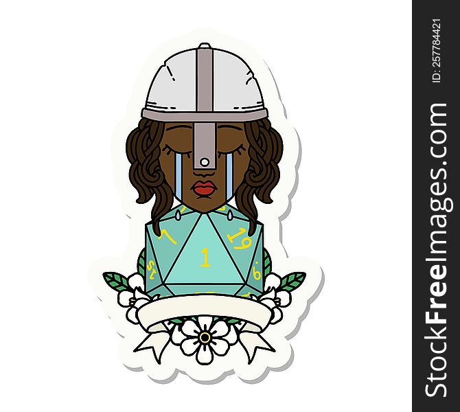 sticker of a crying human fighter with natural one D20 dice. sticker of a crying human fighter with natural one D20 dice
