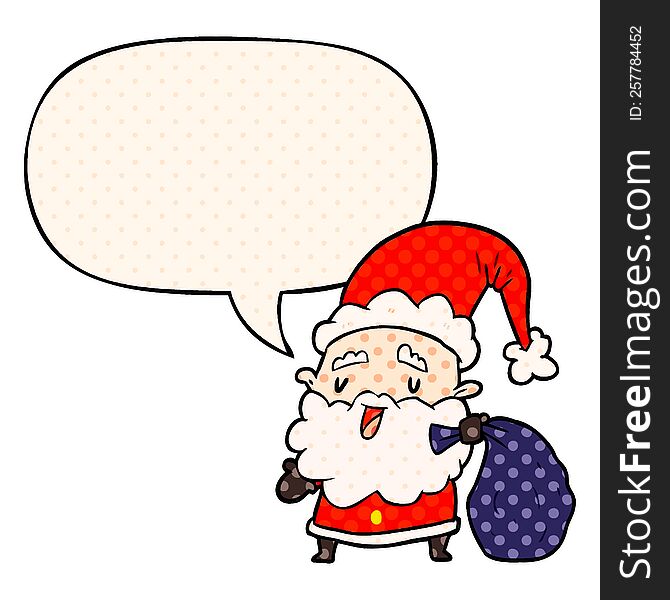 cartoon santa claus carrying sack of presents with speech bubble in comic book style