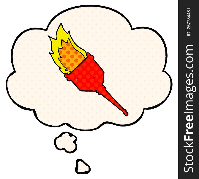 cartoon flaming torch with thought bubble in comic book style