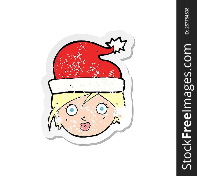 Retro Distressed Sticker Of A Cartoon Woman Wearing Christmas Hat