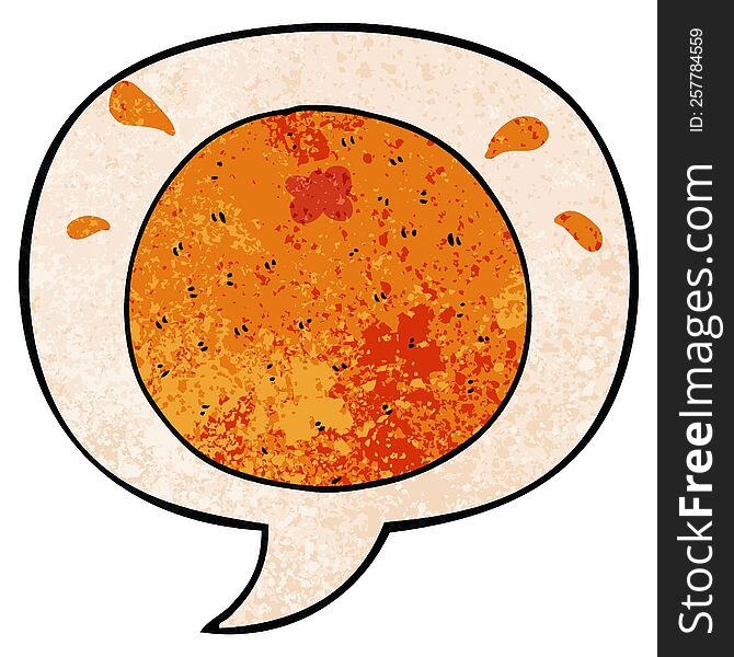 cartoon orange with speech bubble in retro texture style