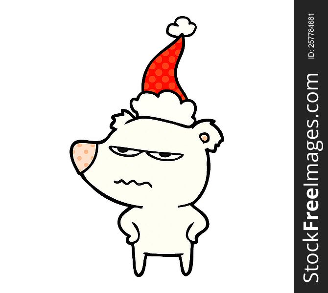 angry bear polar hand drawn comic book style illustration of a wearing santa hat