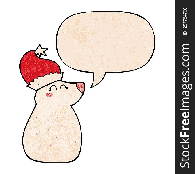 Cartoon Bear Wearing Christmas Hat And Speech Bubble In Retro Texture Style