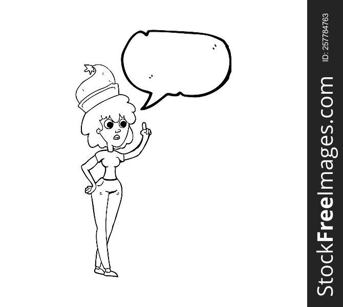freehand drawn speech bubble cartoon woman wearing santa hat