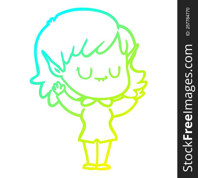 cold gradient line drawing of a happy cartoon elf girl