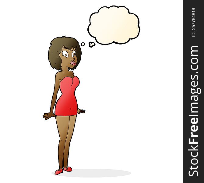 Cartoon Surprised Woman In Short Dress With Thought Bubble