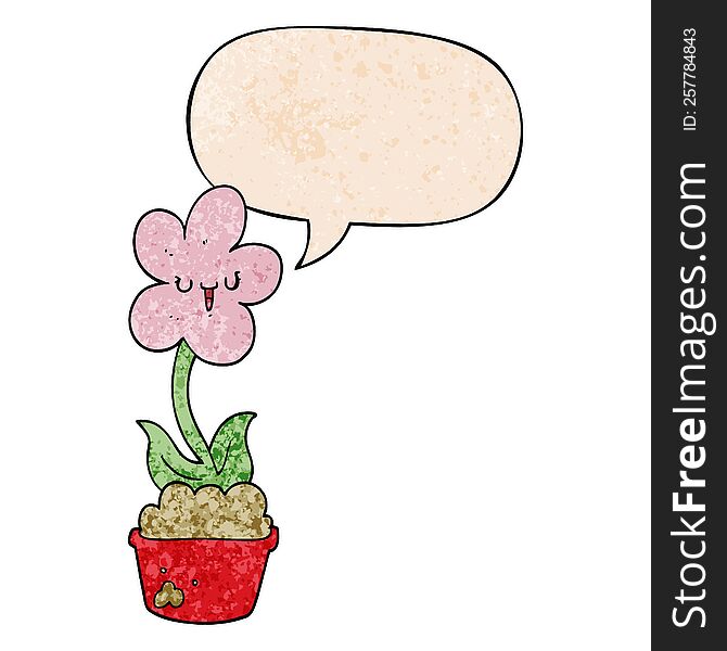 cute cartoon flower and speech bubble in retro texture style
