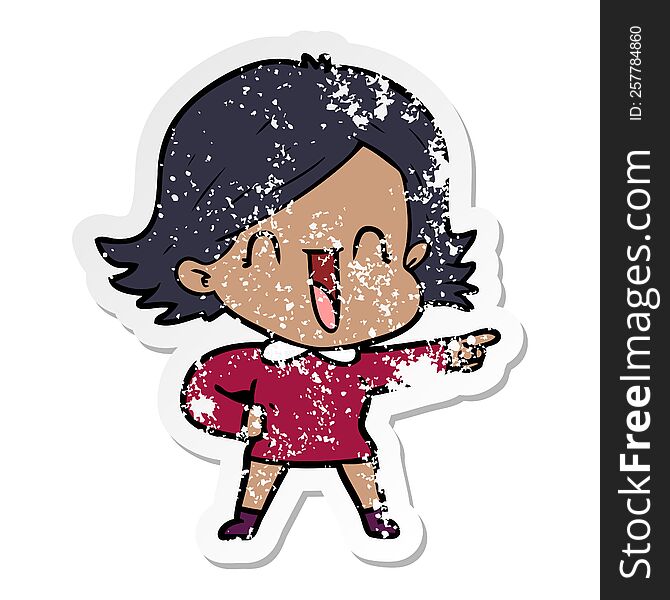distressed sticker of a cartoon laughing woman pointing