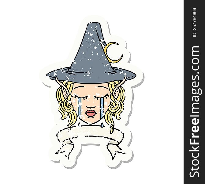 Retro Tattoo Style crying elf mage character face wiht banner. Retro Tattoo Style crying elf mage character face wiht banner