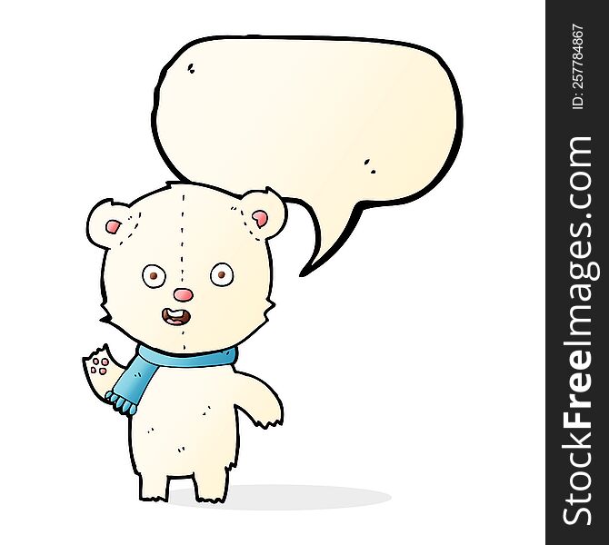 cartoon waving polar bear cub with scarf with speech bubble