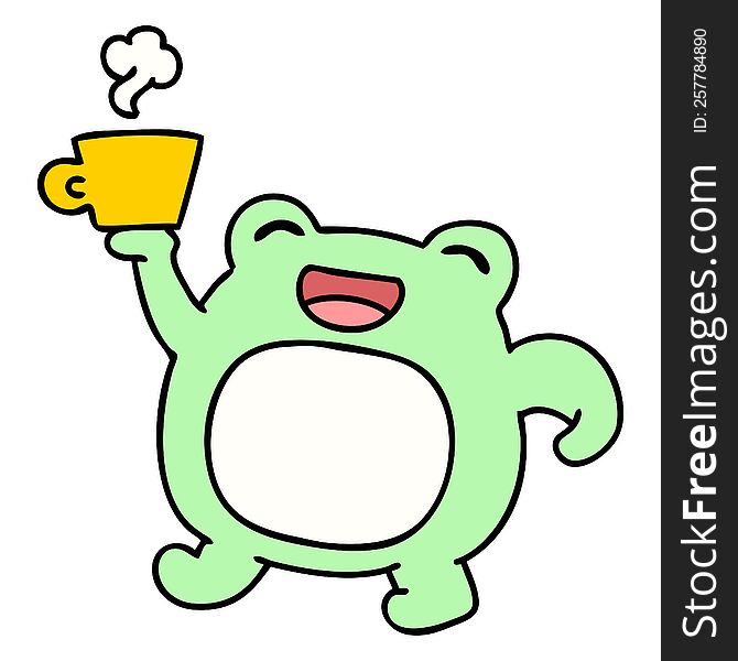 cartoon of a happy frog with morning coffee. cartoon of a happy frog with morning coffee