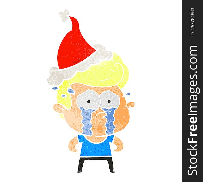 hand drawn retro cartoon of a crying man wearing santa hat