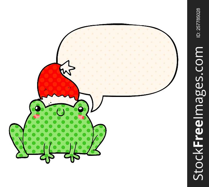 cute cartoon christmas frog with speech bubble in comic book style