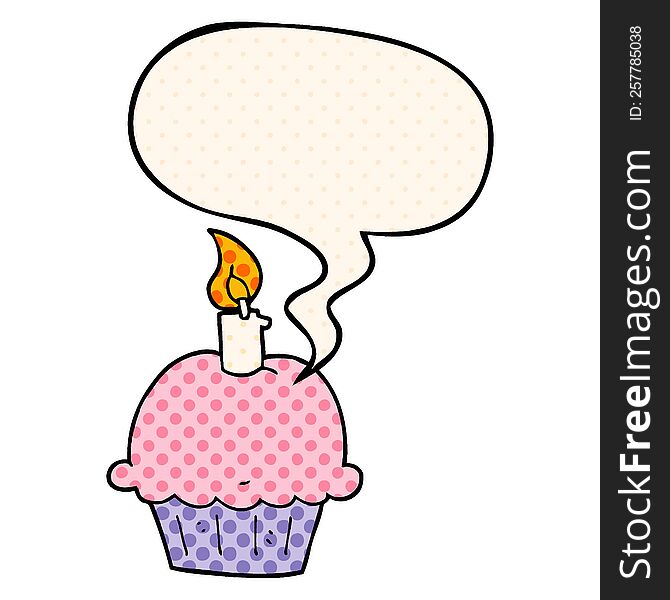 cartoon birthday cupcake with speech bubble in comic book style