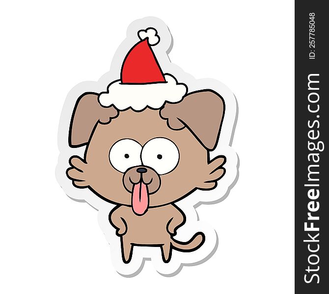 hand drawn sticker cartoon of a dog with tongue sticking out wearing santa hat