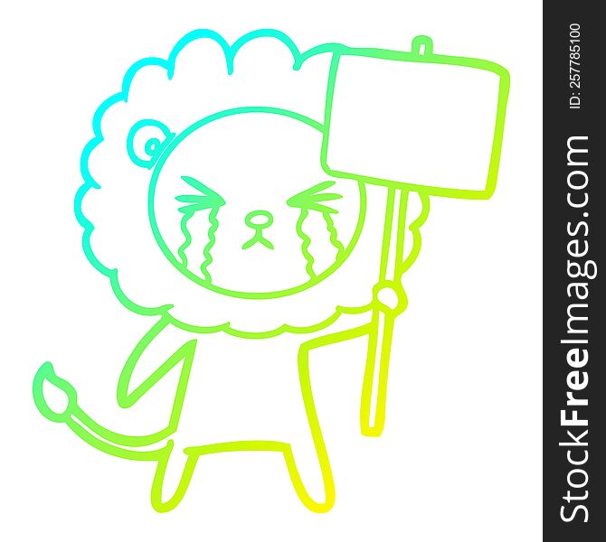 Cold Gradient Line Drawing Cartoon Crying Lion With Placard