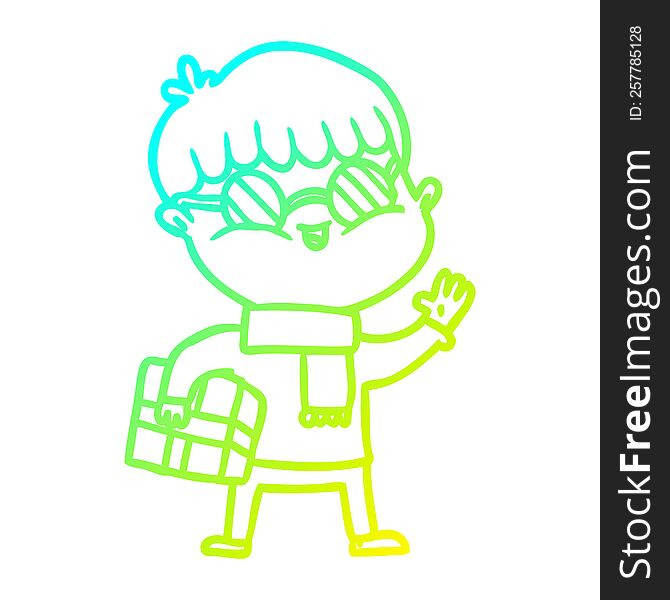 Cold Gradient Line Drawing Cartoon Boy Wearing Spectacles Carrying Gift