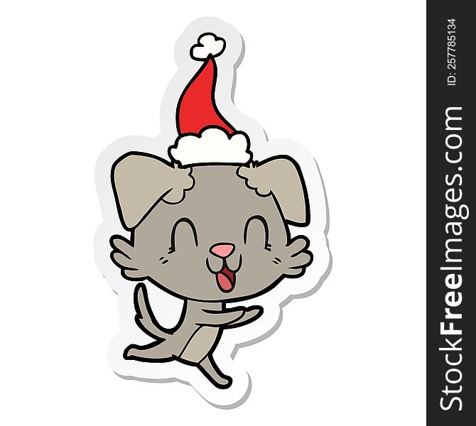 Laughing Sticker Cartoon Of A Dog Wearing Santa Hat