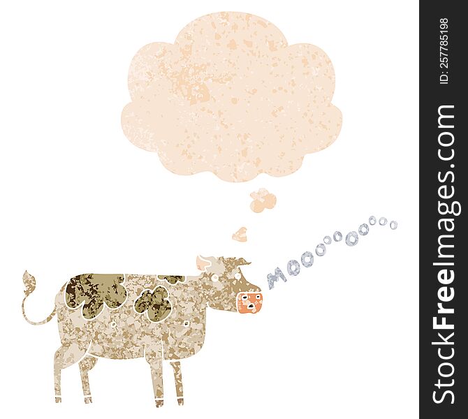 Cartoon Cow And Thought Bubble In Retro Textured Style