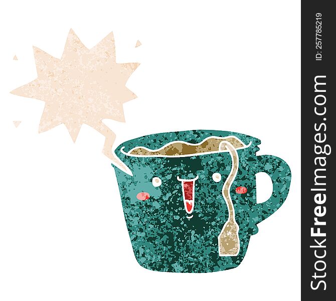 Cute Cartoon Coffee Cup And Speech Bubble In Retro Textured Style