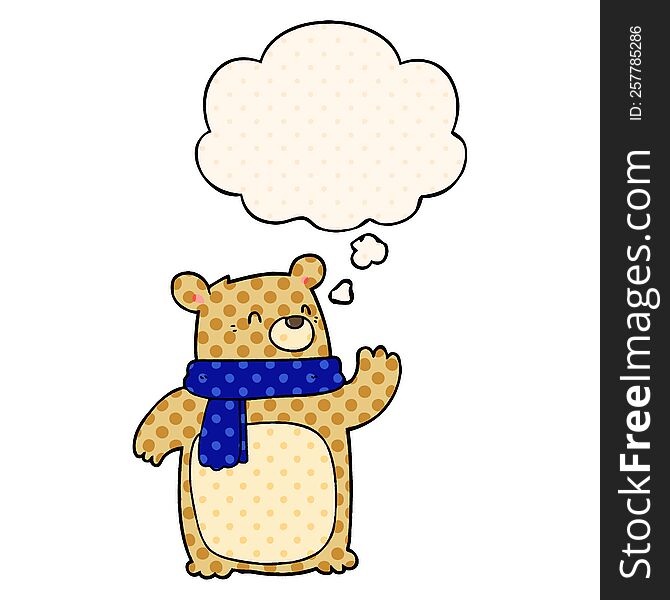 Cartoon Bear Wearing Scarf And Thought Bubble In Comic Book Style