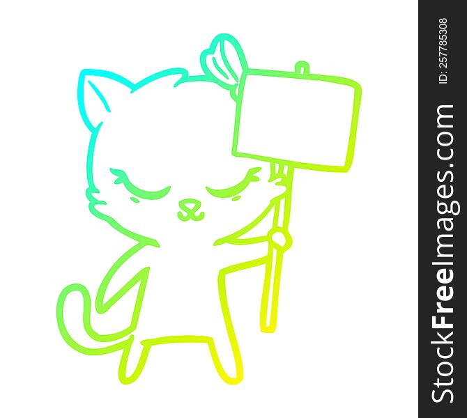 Cold Gradient Line Drawing Cute Cartoon Cat With Sign