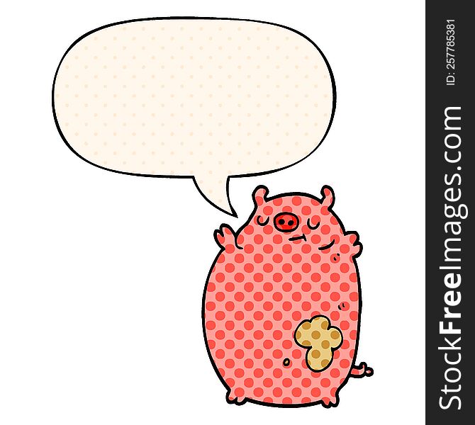 cartoon fat pig with speech bubble in comic book style