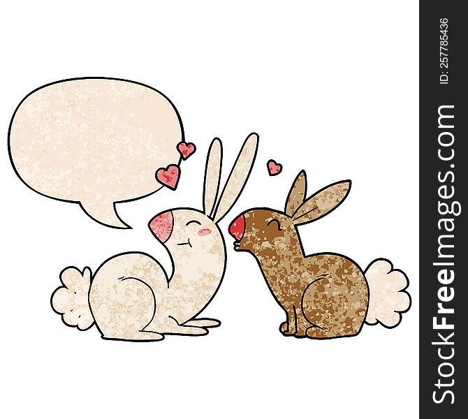 cartoon rabbits in love and speech bubble in retro texture style
