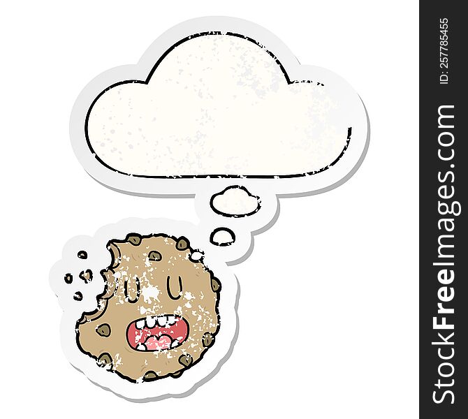 cartoon cookie with thought bubble as a distressed worn sticker