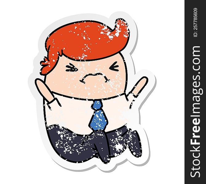 Distressed Sticker Cartoon Of An Angry Kawaii Business Man