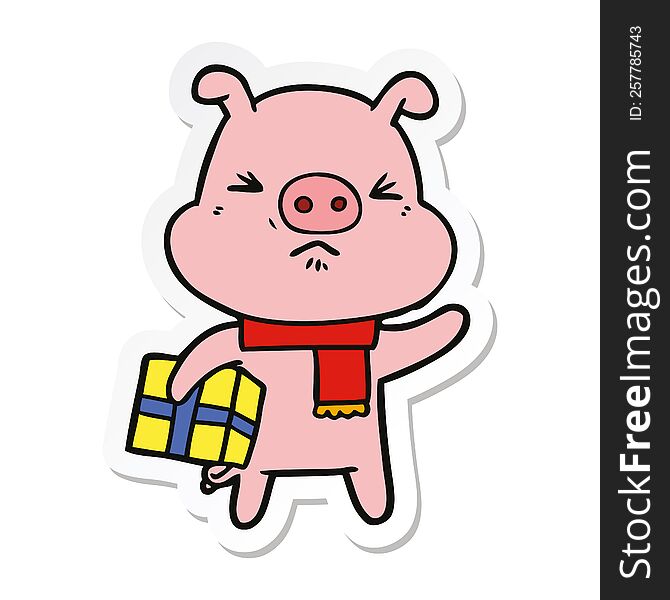 sticker of a cartoon angry pig with christmas present