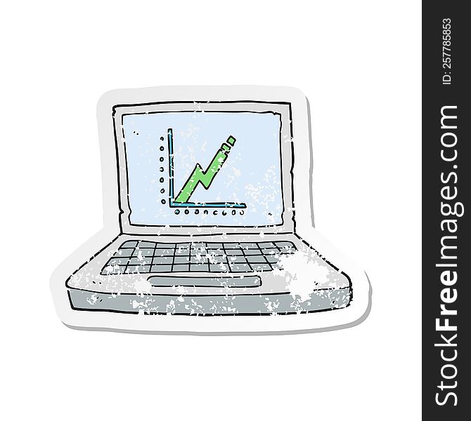 Retro Distressed Sticker Of A Cartoon Laptop Computer With Business Graph