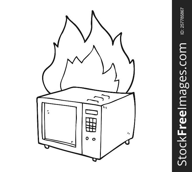 freehand drawn black and white cartoon microwave on fire