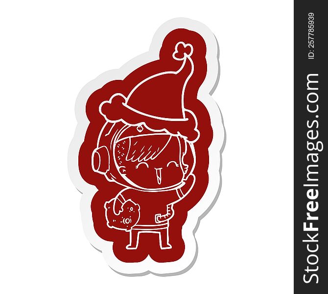 quirky cartoon  sticker of a happy spacegirl holding moon rock wearing santa hat