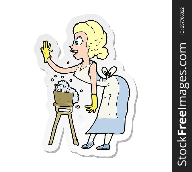 sticker of a cartoon housewife washing up