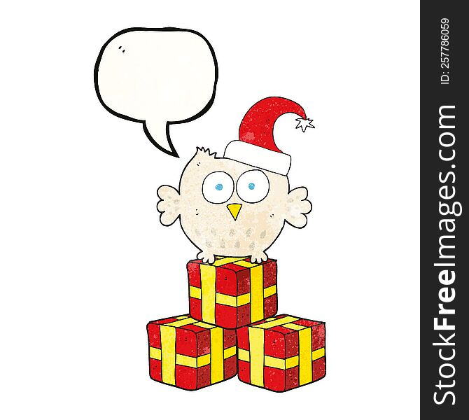 Speech Bubble Textured Cartoon Little Owl Wearing Christmas Hat