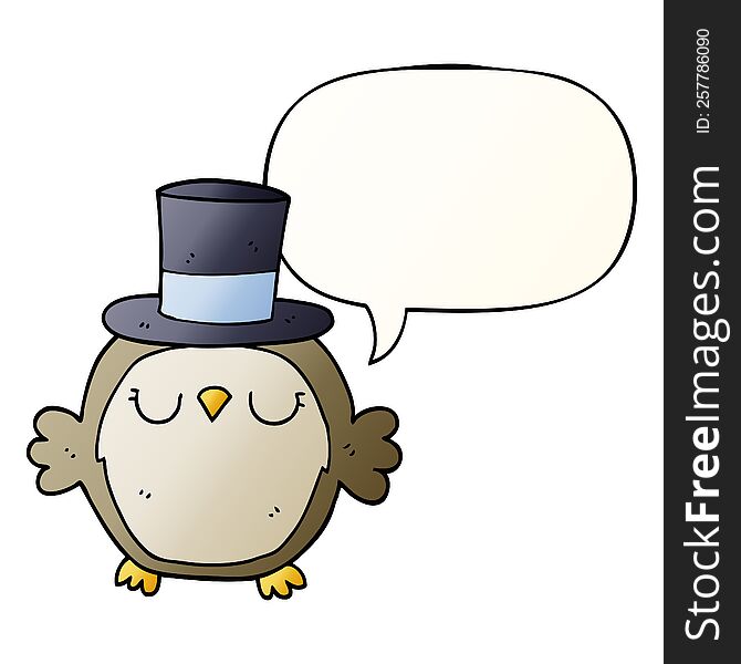 cartoon owl wearing top hat with speech bubble in smooth gradient style