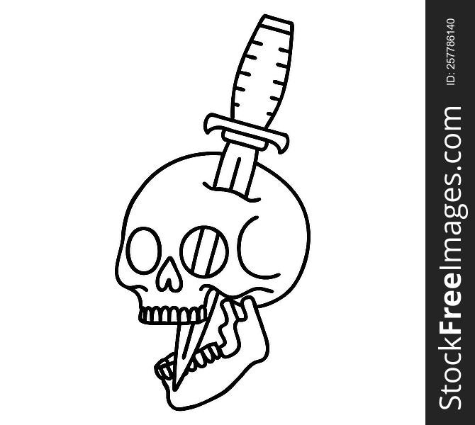 Black Line Tattoo Of A Skull And Dagger