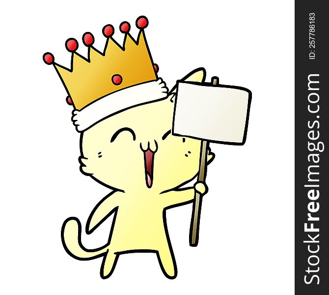 happy cartoon king cat with sign. happy cartoon king cat with sign