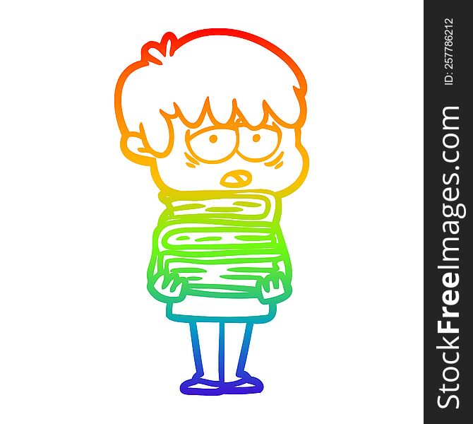 rainbow gradient line drawing of a cartoon exhausted boy holding book