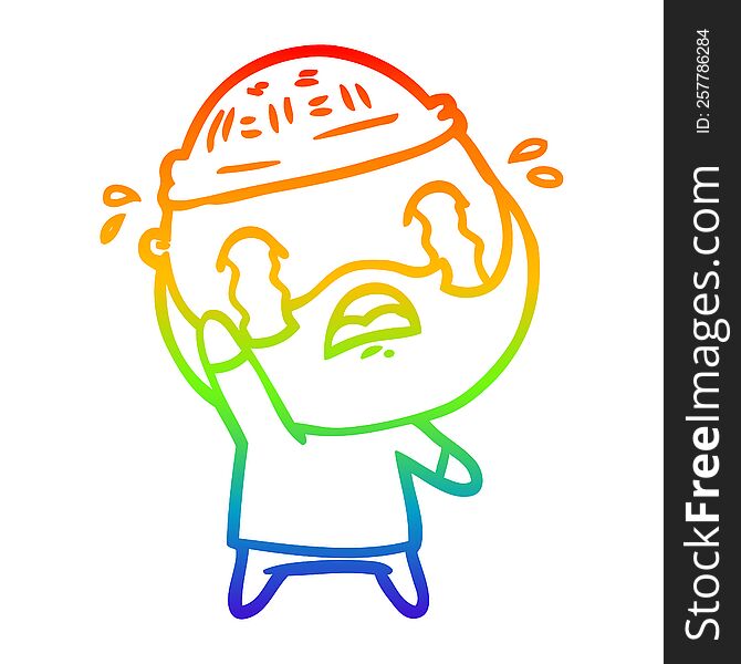 rainbow gradient line drawing of a cartoon bearded man crying waving goodbye