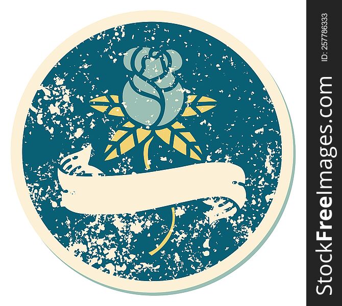Distressed Sticker Tattoo Style Icon Of A Rose And Banner