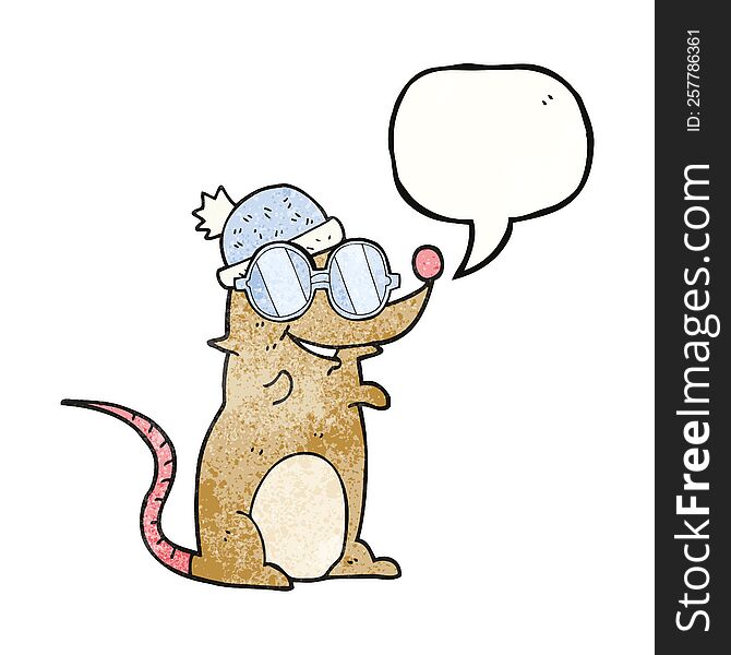 freehand speech bubble textured cartoon mouse wearing glasses and hat