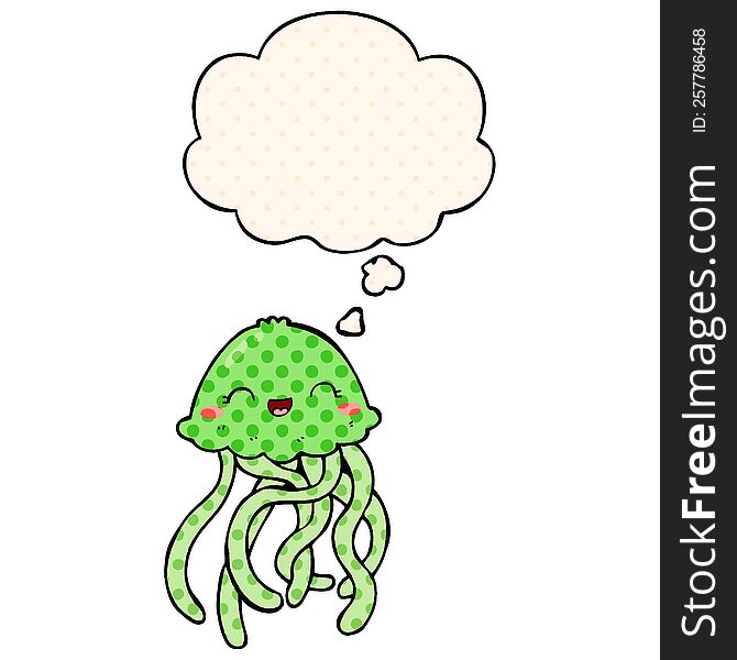 Cute Cartoon Jellyfish And Thought Bubble In Comic Book Style