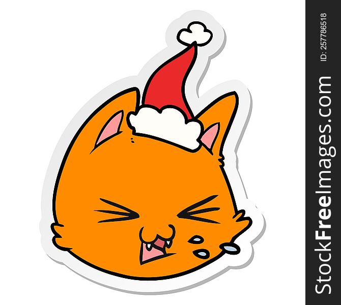 spitting hand drawn sticker cartoon of a cat face wearing santa hat. spitting hand drawn sticker cartoon of a cat face wearing santa hat